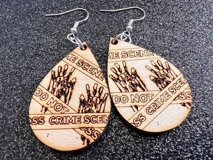 Wooden Crime Scene Earrings: Halloween, Scary, Horror, Police Tape, Execution, Laser Cut Wood, Best Gifts for Her/Him/Them