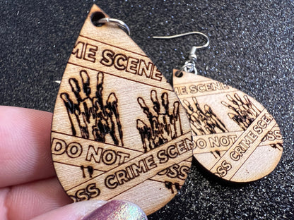 Wooden Crime Scene Earrings: Halloween, Scary, Horror, Police Tape, Execution, Laser Cut Wood, Best Gifts for Her/Him/Them