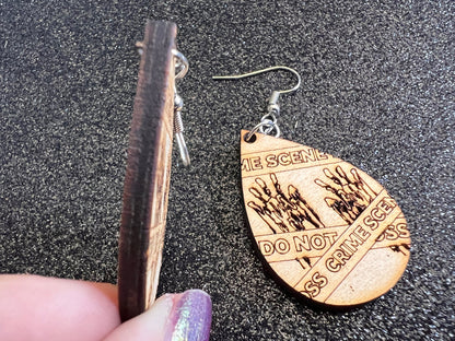 Wooden Crime Scene Earrings: Halloween, Scary, Horror, Police Tape, Execution, Laser Cut Wood, Best Gifts for Her/Him/Them
