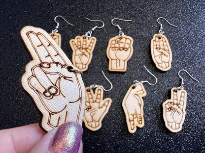 Wooden Sign Language Earrings: Laser Cut Wood Sign Language Letters, Language, Words, ASL Awareness, Gifts for Her/Him/Them