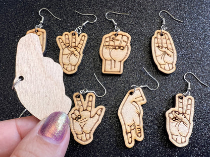 Wooden Sign Language Earrings: Laser Cut Wood Sign Language Letters, Language, Words, ASL Awareness, Gifts for Her/Him/Them
