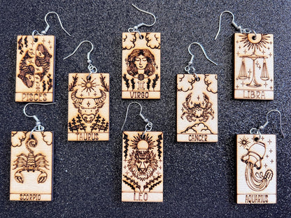 Wooden Zodiac Earrings: Laser Cut Wood Astrology Signs, Leo, Scorpio, Aries, Pisces, Cancer, Virgo, Gemini, Aquarius, Gifts for Her/Him/Them