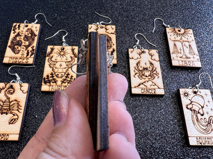 Wooden Zodiac Earrings: Laser Cut Wood Astrology Signs, Leo, Scorpio, Aries, Pisces, Cancer, Virgo, Gemini, Aquarius, Gifts for Her/Him/Them