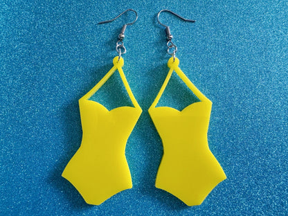 Yellow Bathing Suit Earrings: Laser Cut Acrylic Swimsuit Earrings, Beach, Swim, Swimming, Swimmer, Vacay, Best Gifts for Her/Him/Them