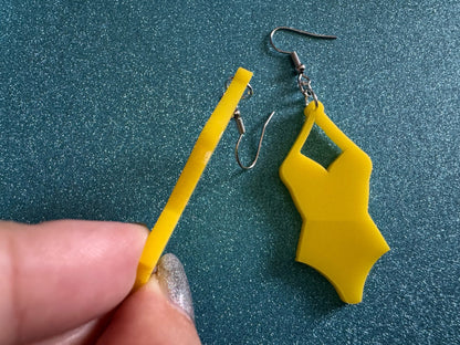 Yellow Bathing Suit Earrings: Laser Cut Acrylic Swimsuit Earrings, Beach, Swim, Swimming, Swimmer, Vacay, Best Gifts for Her/Him/Them