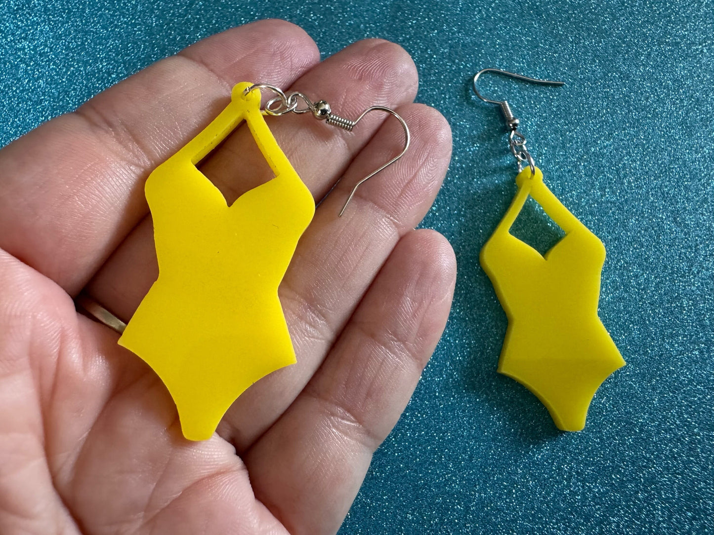 Yellow Bathing Suit Earrings: Laser Cut Acrylic Swimsuit Earrings, Beach, Swim, Swimming, Swimmer, Vacay, Best Gifts for Her/Him/Them