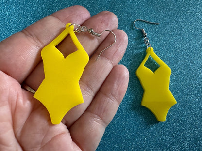 Yellow Bathing Suit Earrings: Laser Cut Acrylic Swimsuit Earrings, Beach, Swim, Swimming, Swimmer, Vacay, Best Gifts for Her/Him/Them