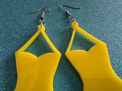 Yellow Bathing Suit Earrings: Laser Cut Acrylic Swimsuit Earrings, Beach, Swim, Swimming, Swimmer, Vacay, Best Gifts for Her/Him/Them