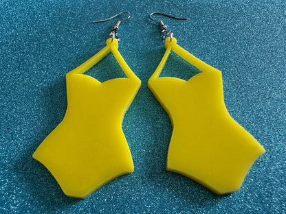 Yellow Bathing Suit Earrings: Laser Cut Acrylic Swimsuit Earrings, Beach, Swim, Swimming, Swimmer, Vacay, Best Gifts for Her/Him/Them