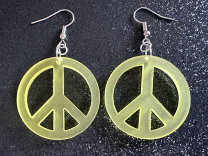Yellow Peace Sign Earrings: Laser Cut Acrylic Peace Signs, Hippie, Hipster, 80s, Happiness, Happy, Best Gifts for Her/Him/Them