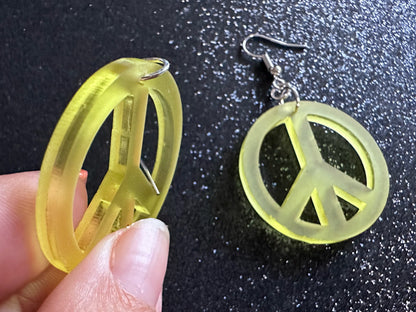 Yellow Peace Sign Earrings: Laser Cut Acrylic Peace Signs, Hippie, Hipster, 80s, Happiness, Happy, Best Gifts for Her/Him/Them