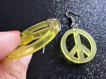 Yellow Peace Sign Earrings: Laser Cut Acrylic Peace Signs, Hippie, Hipster, 80s, Happiness, Happy, Best Gifts for Her/Him/Them