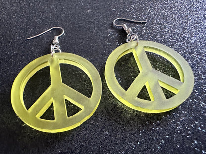 Yellow Peace Sign Earrings: Laser Cut Acrylic Peace Signs, Hippie, Hipster, 80s, Happiness, Happy, Best Gifts for Her/Him/Them