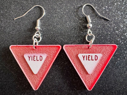 Yield Sign Earrings: Laser Cut Acrylic Signs, Warning, Alarm, Attention Driving, Red & White Road Sign, Best Gifts for Her/Him/Them