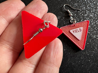 Yield Sign Earrings: Laser Cut Acrylic Signs, Warning, Alarm, Attention Driving, Red & White Road Sign, Best Gifts for Her/Him/Them