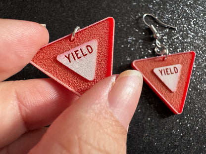 Yield Sign Earrings: Laser Cut Acrylic Signs, Warning, Alarm, Attention Driving, Red & White Road Sign, Best Gifts for Her/Him/Them