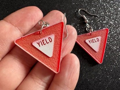 Yield Sign Earrings: Laser Cut Acrylic Signs, Warning, Alarm, Attention Driving, Red & White Road Sign, Best Gifts for Her/Him/Them