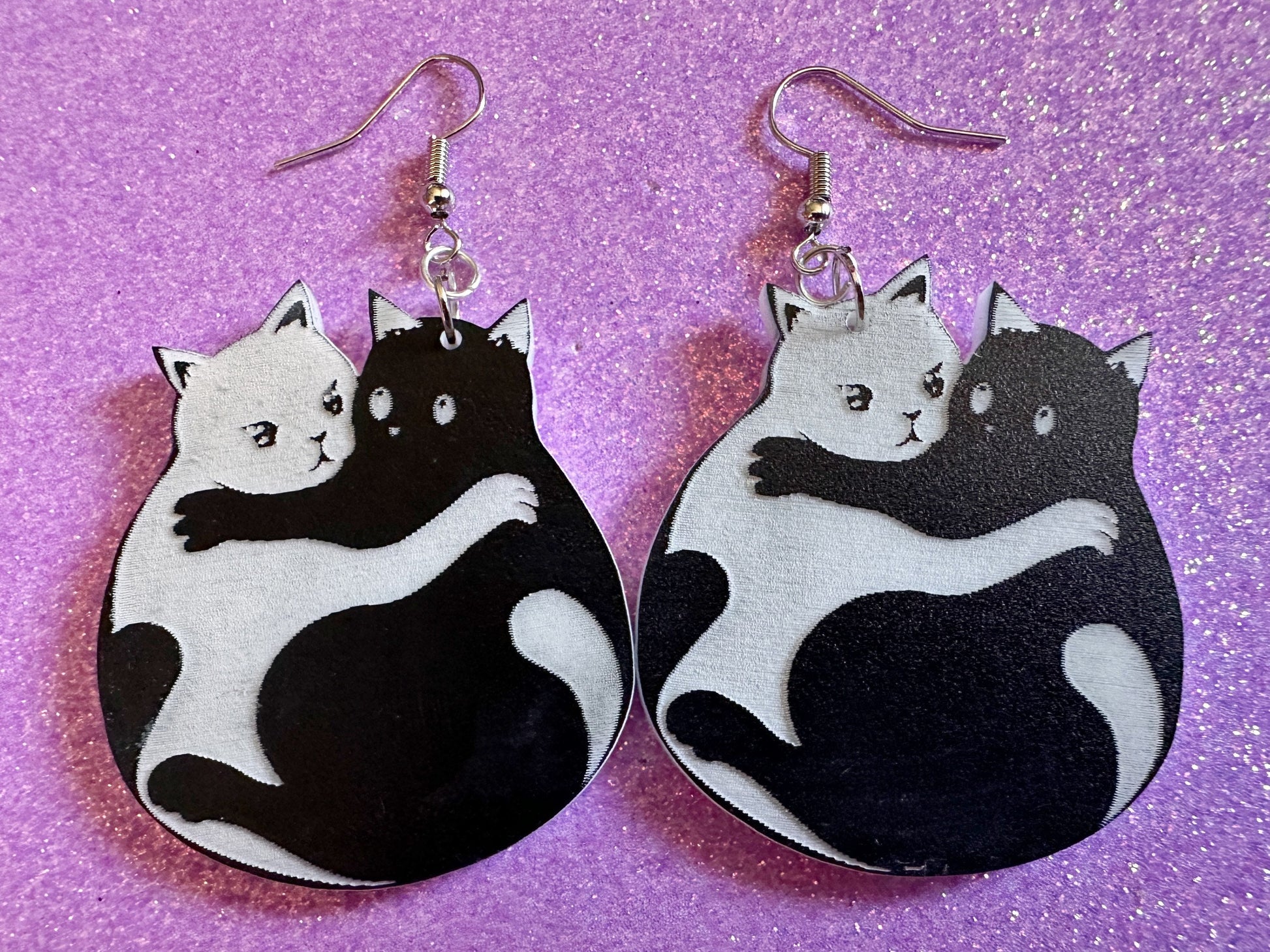 Yin and Yang Cat Earrings: Laser Cut Acrylic Cats, Kitty, Kitten, Cat, Animals, Feline, Black Cat, White Cat, Best Gifts for Her/Him/Them