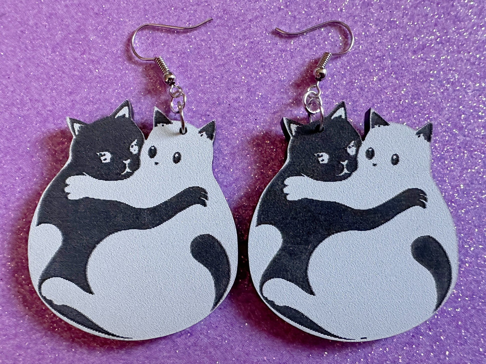 Yin and Yang Cat Earrings: Laser Cut Acrylic Cats, Kitty, Kitten, Cat, Animals, Feline, Black Cat, White Cat, Best Gifts for Her/Him/Them