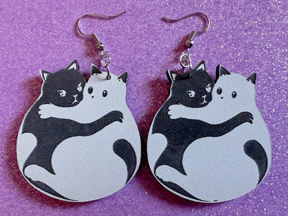 Yin and Yang Cat Earrings: Laser Cut Acrylic Cats, Kitty, Kitten, Cat, Animals, Feline, Black Cat, White Cat, Best Gifts for Her/Him/Them