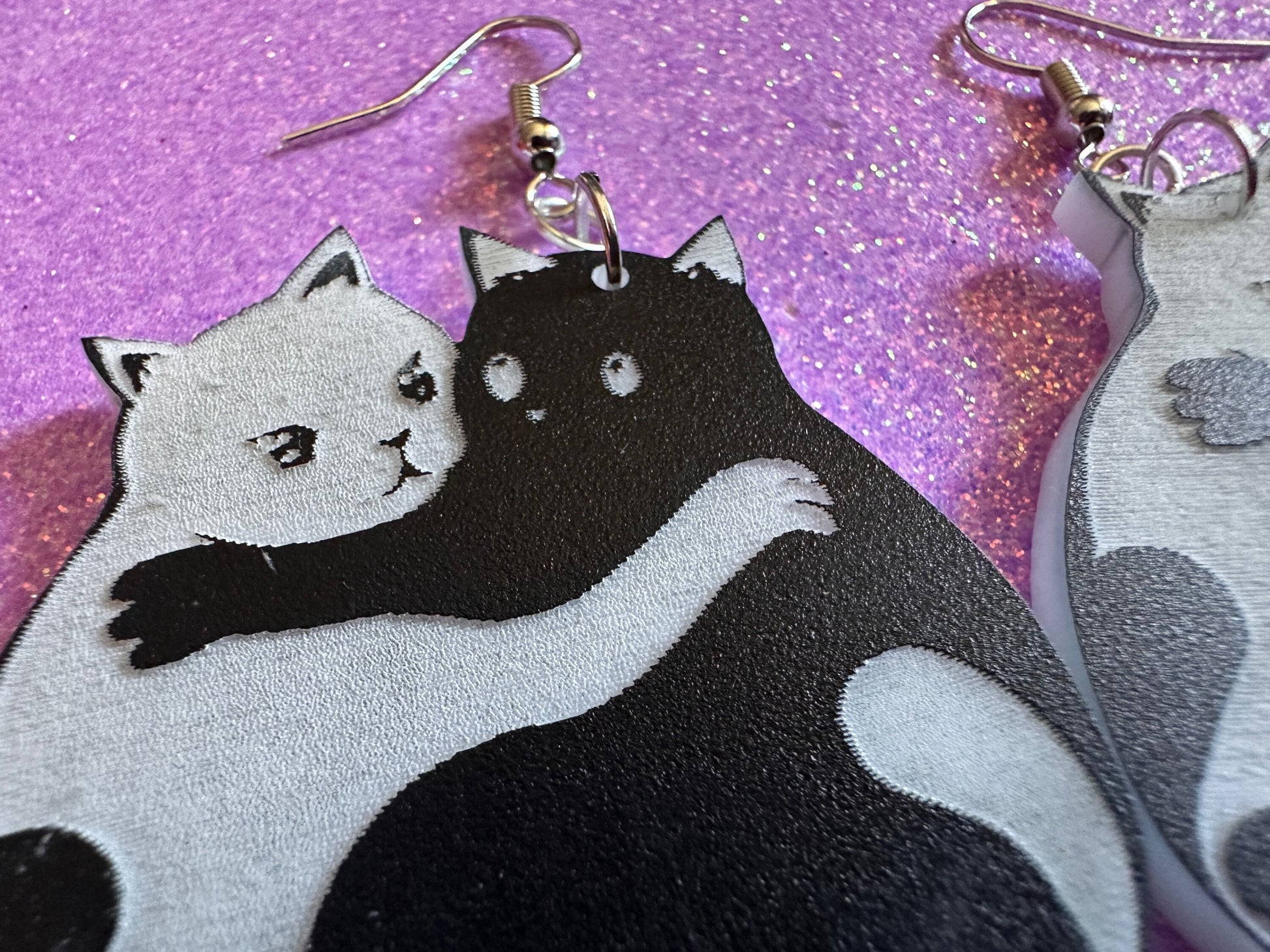 Yin and Yang Cat Earrings: Laser Cut Acrylic Cats, Kitty, Kitten, Cat, Animals, Feline, Black Cat, White Cat, Best Gifts for Her/Him/Them