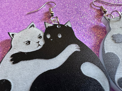 Yin and Yang Cat Earrings: Laser Cut Acrylic Cats, Kitty, Kitten, Cat, Animals, Feline, Black Cat, White Cat, Best Gifts for Her/Him/Them