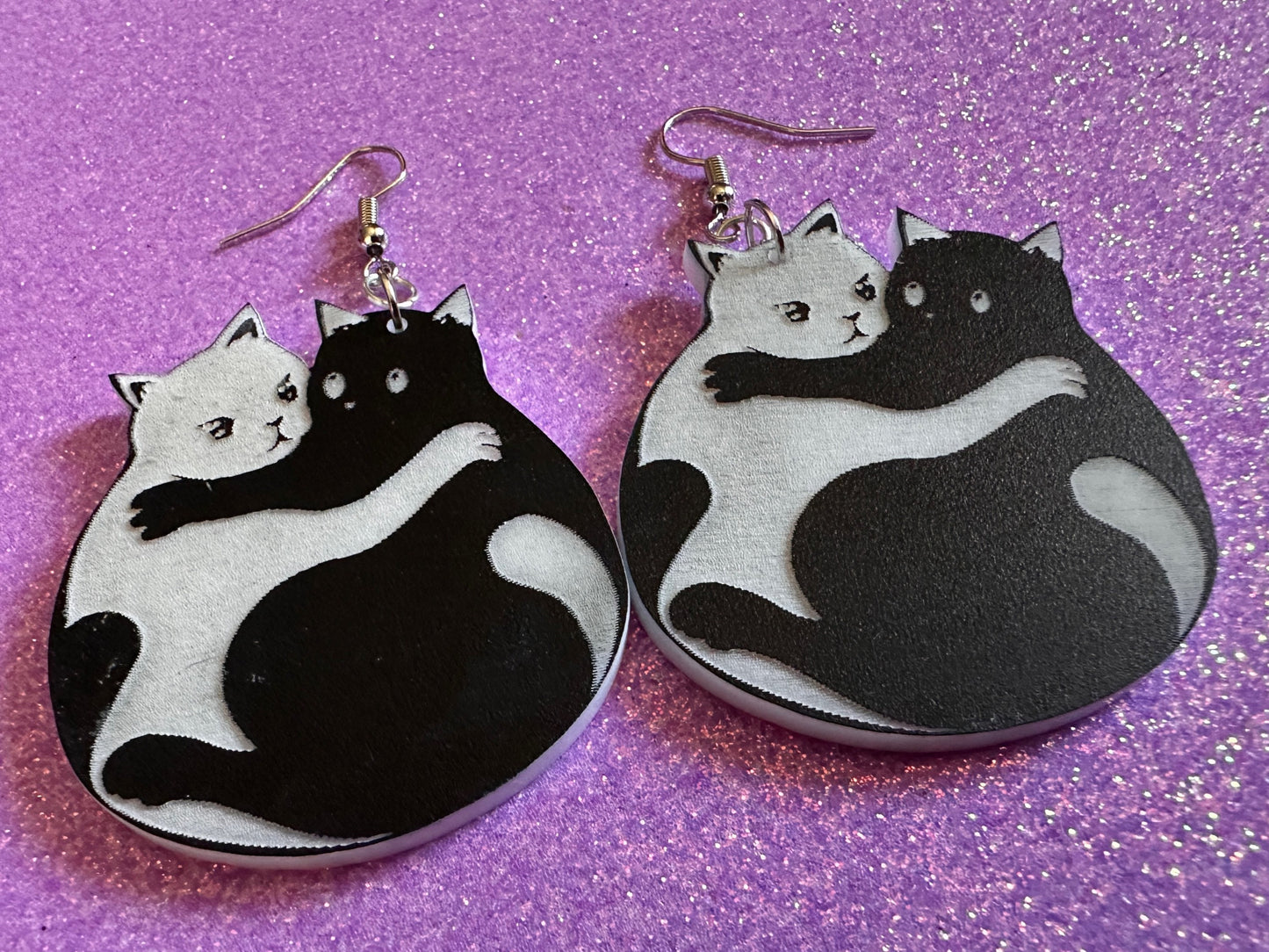 Yin and Yang Cat Earrings: Laser Cut Acrylic Cats, Kitty, Kitten, Cat, Animals, Feline, Black Cat, White Cat, Best Gifts for Her/Him/Them