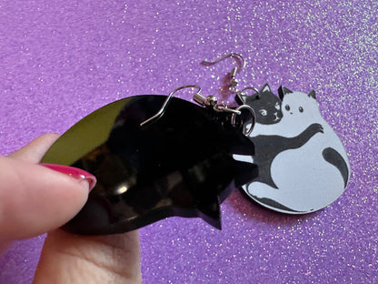 Yin and Yang Cat Earrings: Laser Cut Acrylic Cats, Kitty, Kitten, Cat, Animals, Feline, Black Cat, White Cat, Best Gifts for Her/Him/Them