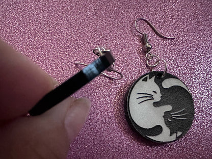 Yin and Yang Cat Earrings: Laser Cut Acrylic Cats, Kitty, Kitten, Cat, Animals, Feline, Black Cat, White Cat, Best Gifts for Her/Him/Them