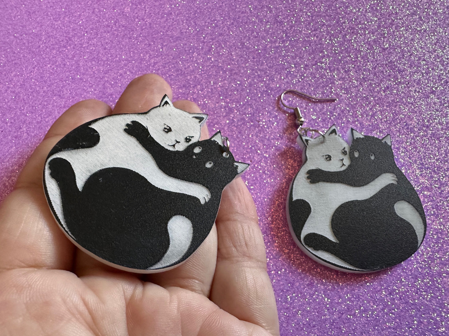Yin and Yang Cat Earrings: Laser Cut Acrylic Cats, Kitty, Kitten, Cat, Animals, Feline, Black Cat, White Cat, Best Gifts for Her/Him/Them