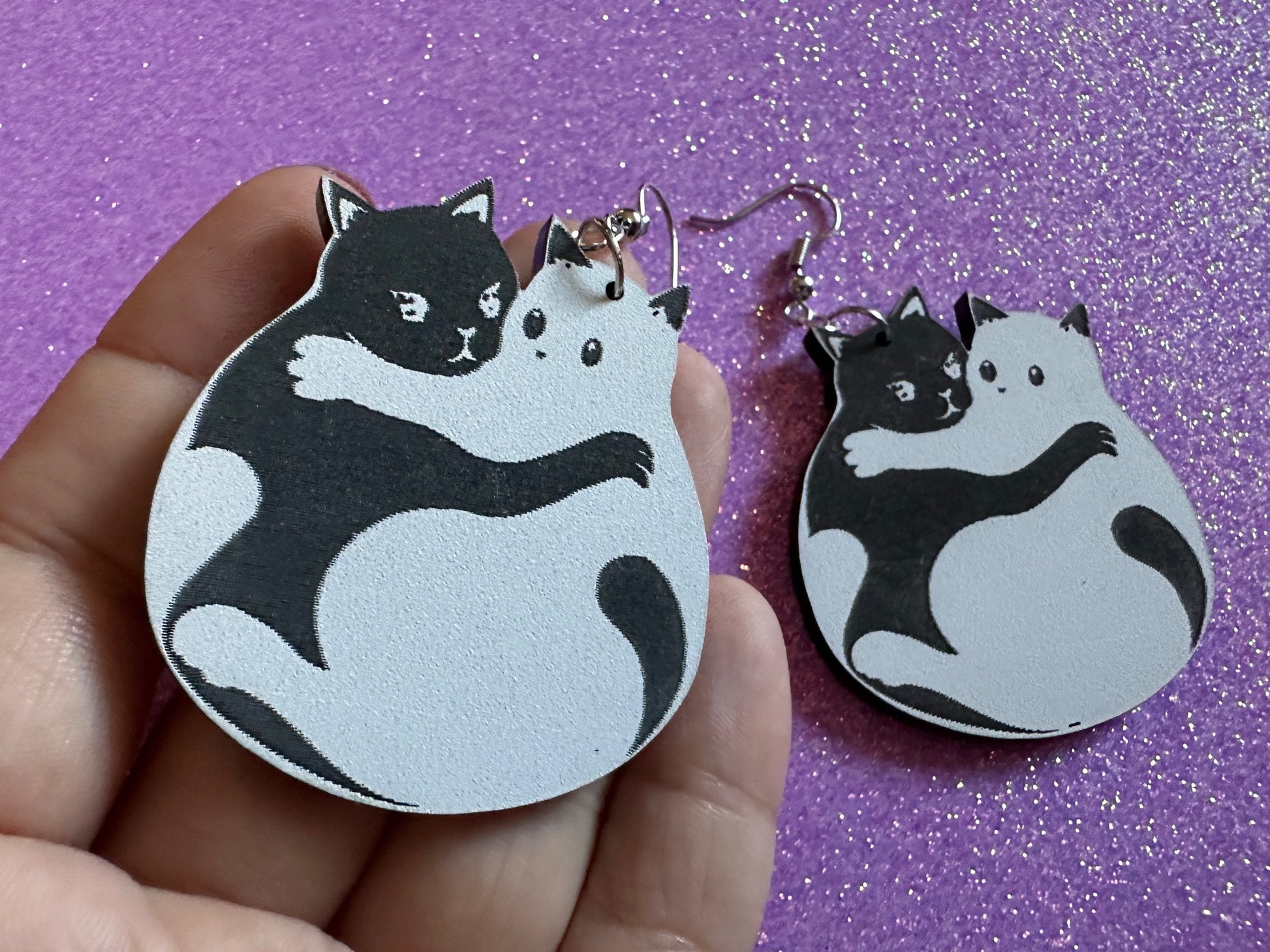 Yin and Yang Cat Earrings: Laser Cut Acrylic Cats, Kitty, Kitten, Cat, Animals, Feline, Black Cat, White Cat, Best Gifts for Her/Him/Them