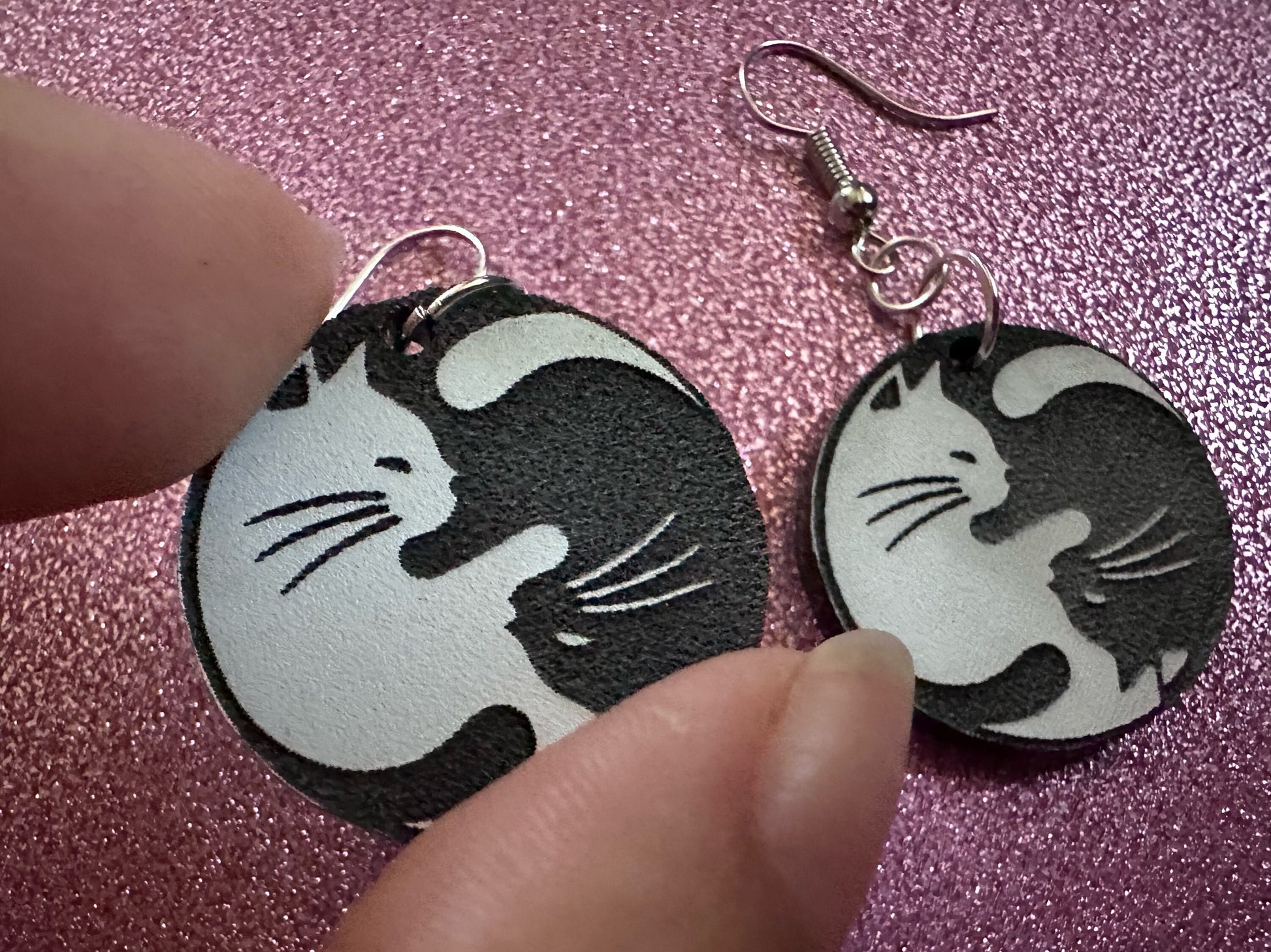 Yin and Yang Cat Earrings: Laser Cut Acrylic Cats, Kitty, Kitten, Cat, Animals, Feline, Black Cat, White Cat, Best Gifts for Her/Him/Them