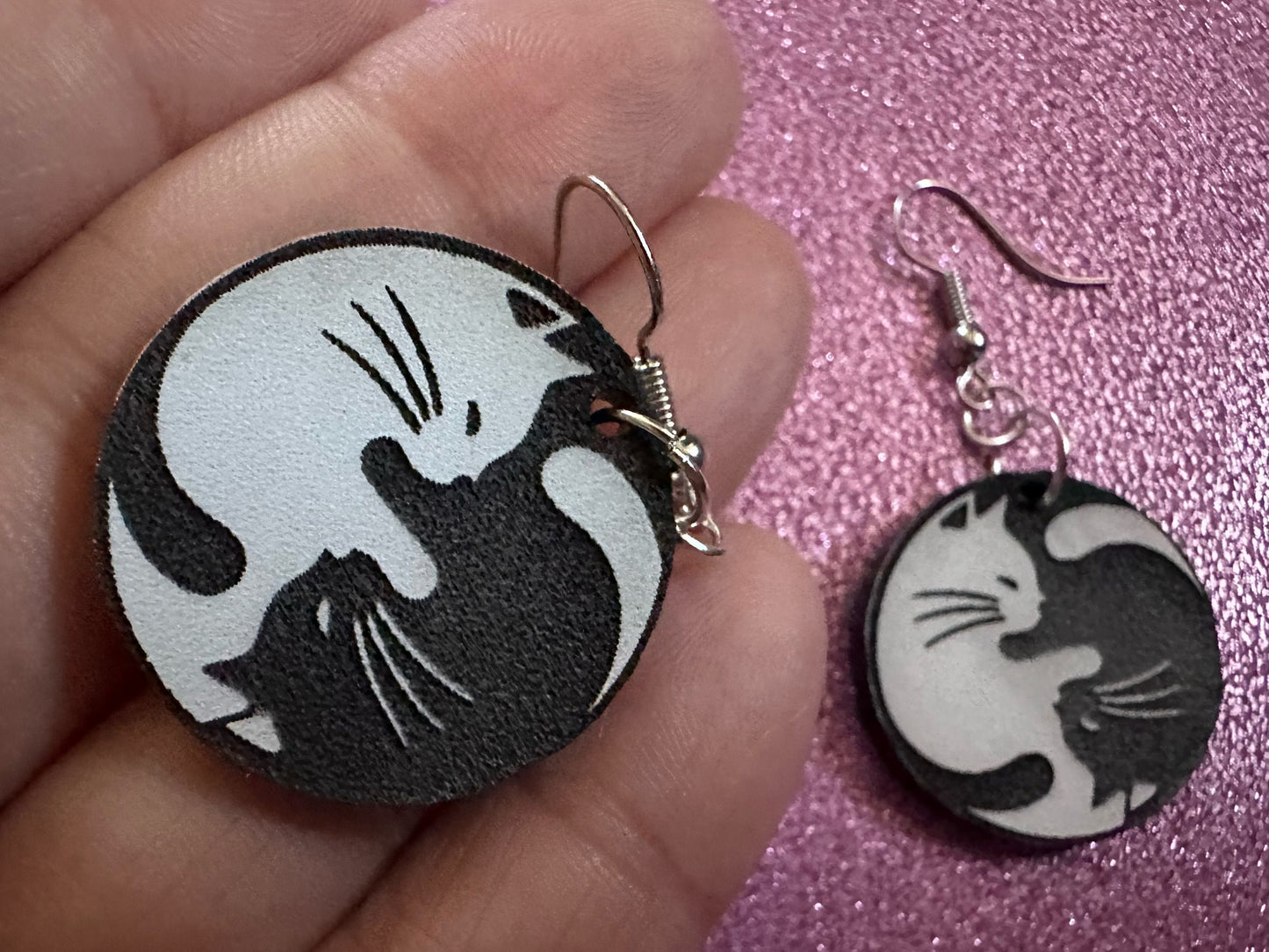 Yin and Yang Cat Earrings: Laser Cut Acrylic Cats, Kitty, Kitten, Cat, Animals, Feline, Black Cat, White Cat, Best Gifts for Her/Him/Them