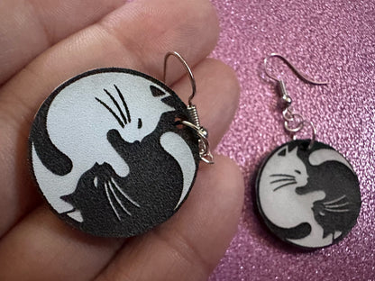 Yin and Yang Cat Earrings: Laser Cut Acrylic Cats, Kitty, Kitten, Cat, Animals, Feline, Black Cat, White Cat, Best Gifts for Her/Him/Them