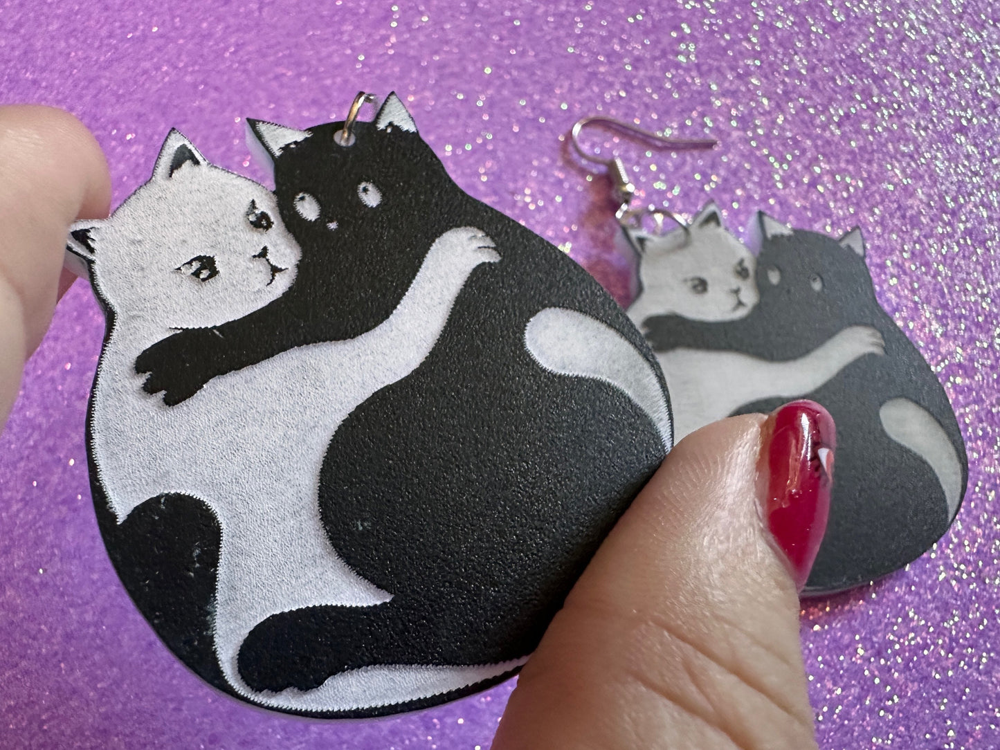 Yin and Yang Cat Earrings: Laser Cut Acrylic Cats, Kitty, Kitten, Cat, Animals, Feline, Black Cat, White Cat, Best Gifts for Her/Him/Them