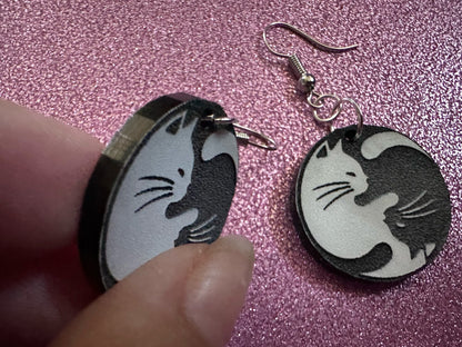 Yin and Yang Cat Earrings: Laser Cut Acrylic Cats, Kitty, Kitten, Cat, Animals, Feline, Black Cat, White Cat, Best Gifts for Her/Him/Them