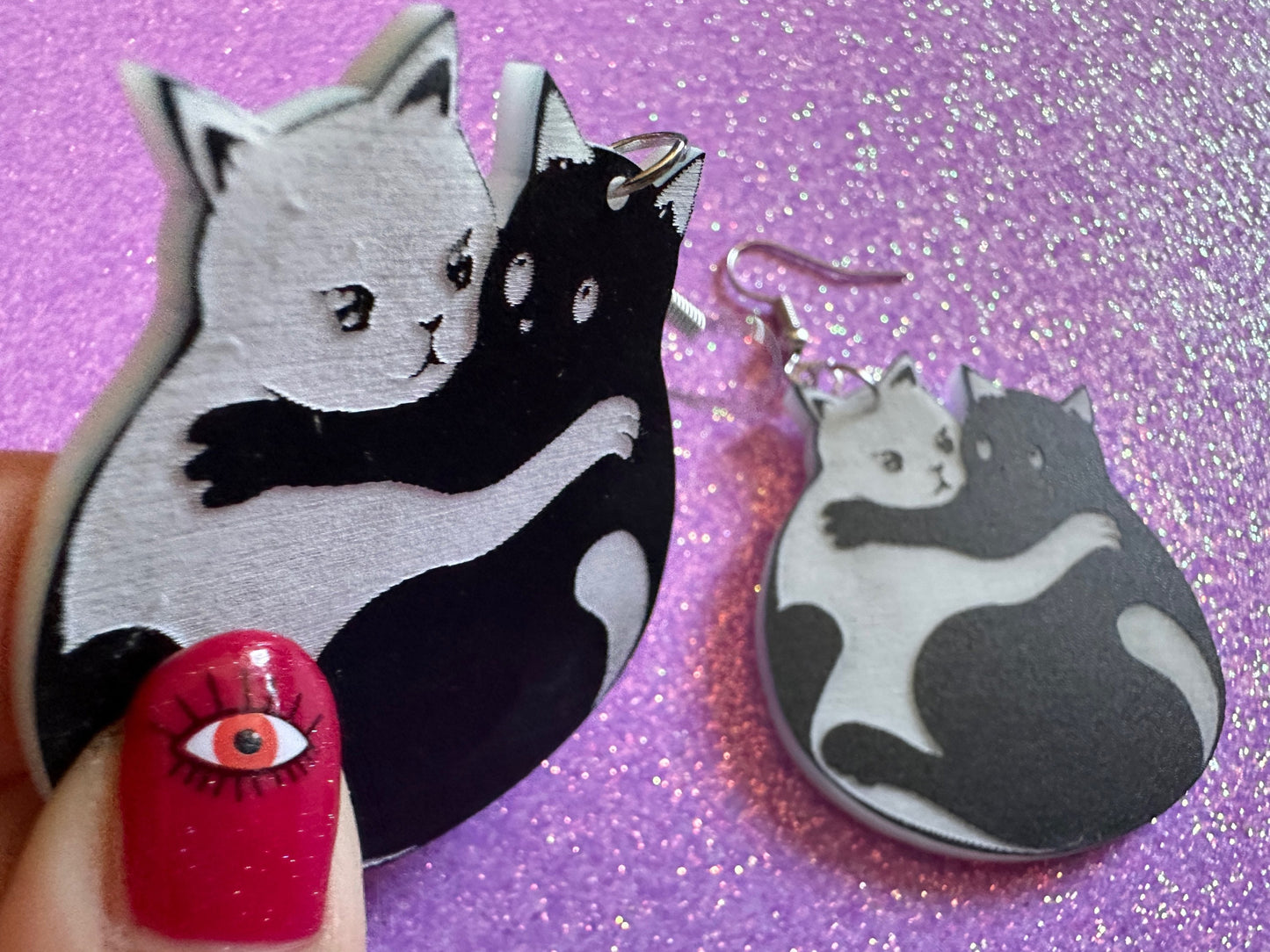 Yin and Yang Cat Earrings: Laser Cut Acrylic Cats, Kitty, Kitten, Cat, Animals, Feline, Black Cat, White Cat, Best Gifts for Her/Him/Them