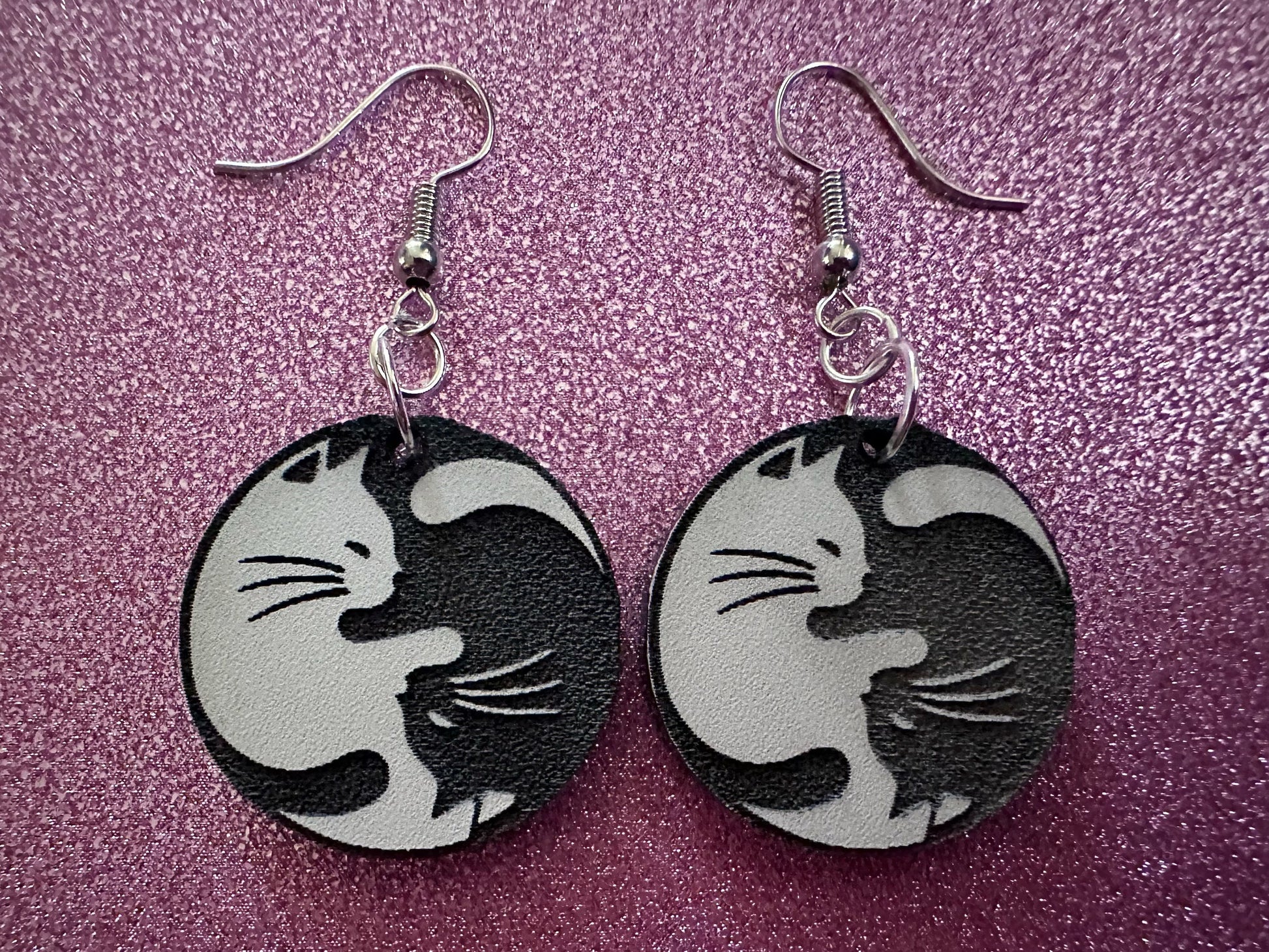 Yin and Yang Cat Earrings: Laser Cut Acrylic Cats, Kitty, Kitten, Cat, Animals, Feline, Black Cat, White Cat, Best Gifts for Her/Him/Them