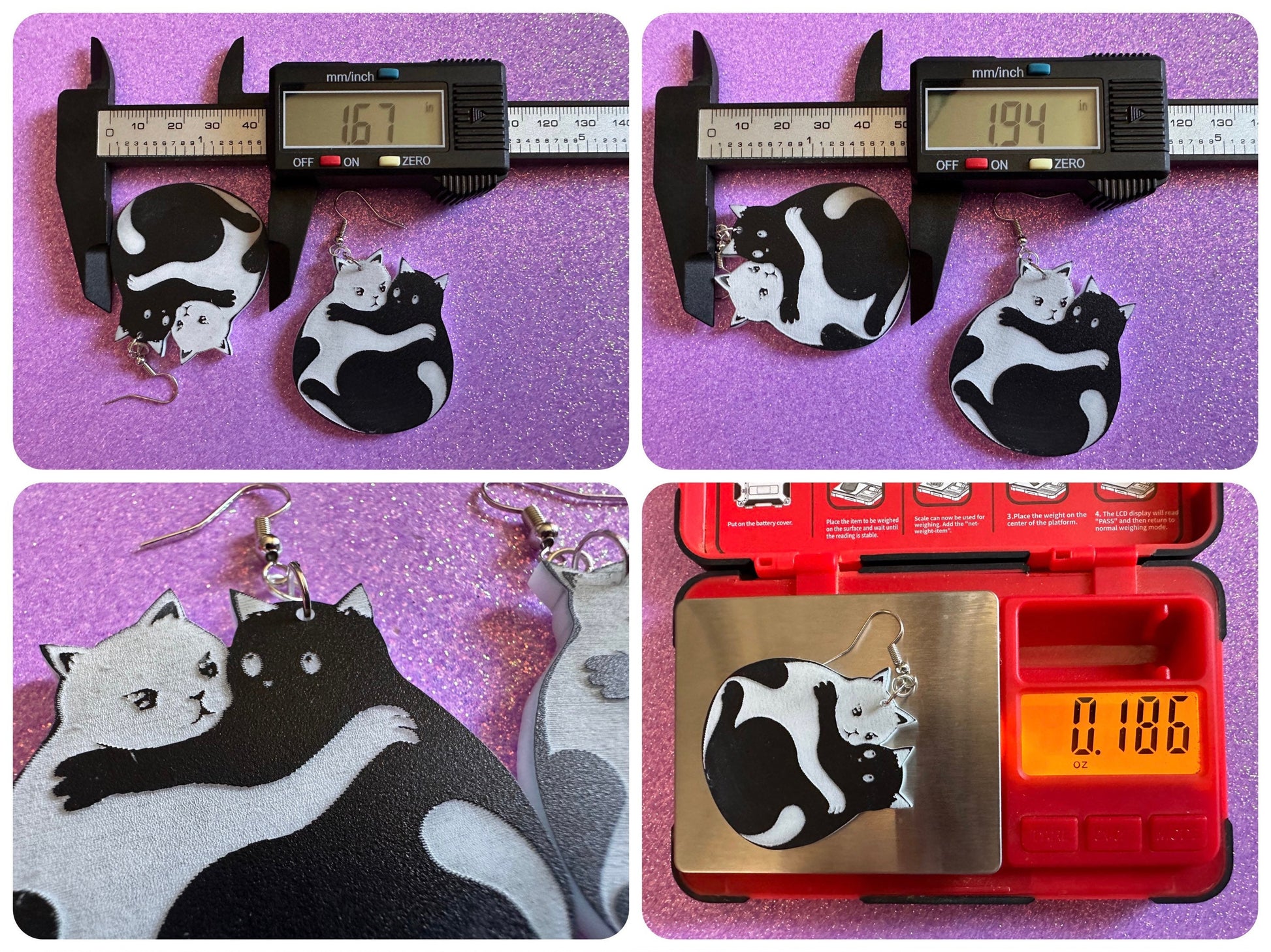 Yin and Yang Cat Earrings: Laser Cut Acrylic Cats, Kitty, Kitten, Cat, Animals, Feline, Black Cat, White Cat, Best Gifts for Her/Him/Them
